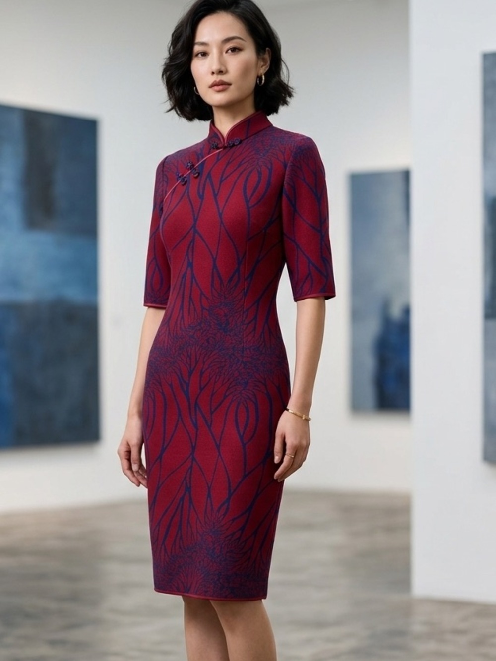 Elegant Red & Blue Sheath Dress with Mandarin Collar
